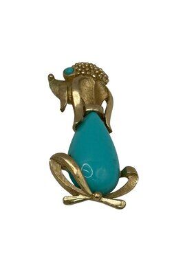 Vintage Trifari Gold Tone Poodle Brooch Teal Blue Turquoise Enamel Jelly Belly 2